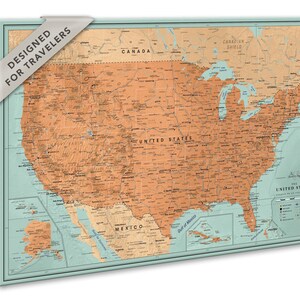 Toile avec punaises des États-Unis - Carte de voyage des États-Unis - Parcs nationaux inclus - Carte personnalisée