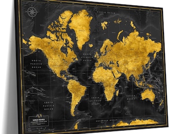 Gold World Map Canvas, Push Pin Travel Tracker