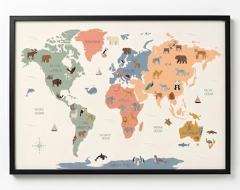 Scandinavian World Map with Animals, Watercolor Nursery Wall Art, Educational Playroom Poster