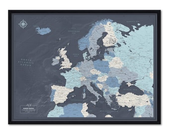 Europe Map Pin Board — Push Pin Travel Map Framed in Wood, Personalized, 100 Pins