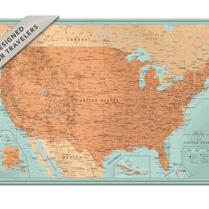 US Karte mit Pins, personalisierte Reisekarte, USA Karte Poster mit Pins, USA Push Pin Map, Pin Adventures, orange Karte von USA