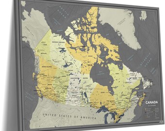 Grey Canada Map Pin Board — Push Pin Travel Map on Canvas, Wrapped or Framed, Personalized, 100 Pins