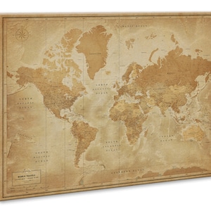 Carte du monde à épingles vintage, carte du monde précise avec un design vintage, toile de carte de voyage, art mural de voyage, décoration d'intérieur vintage