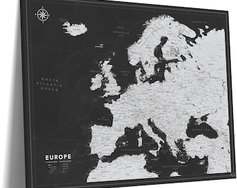 Tablero de mapas de Europa en blanco y negro con chinchetas — Mapa de viaje con chinchetas sobre lienzo, envuelto o enmarcado, personalizado, 100 chinchetas, regalo de aniversario