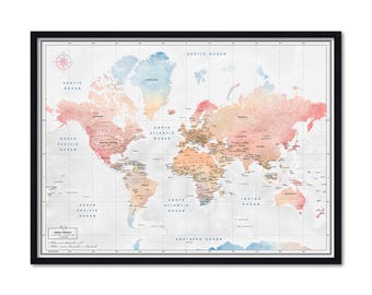 Cotton Candy World Map: Framed Push Pin Travel Tracker