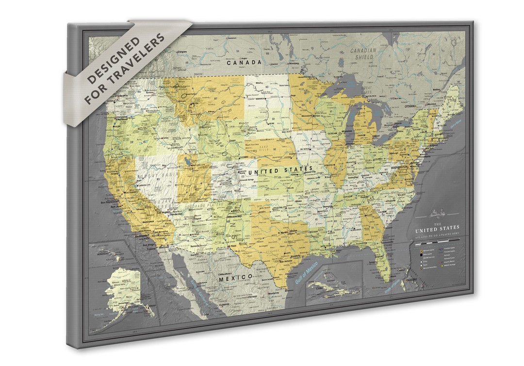 Pin Board Map of the United States, Push Pin Canvas, USA Travel Map, Personalized Pinboard Map