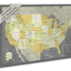 Carte des États-Unis avec épingles, toile avec punaises, carte de voyage aux États-Unis, carte personnalisée avec épingles, décoration murale école, art mural carte des États-Unis