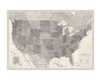 Personalized US Travel Map with Pins, Gray Shades Poster, Pin Board, 100 Pins, Anniversary Gift
