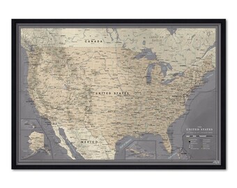 USA Map Pin Board in Minimal Grey — Push Pin Travel Map Framed in Wood, National Parks, Personalized, 100 Pins