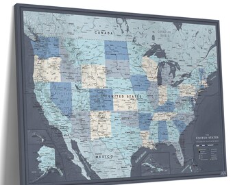 USA Map Pin Board — Push Pin Travel Map on Canvas, Wrapped or Framed, National Parks, Personalized, 100 Pins