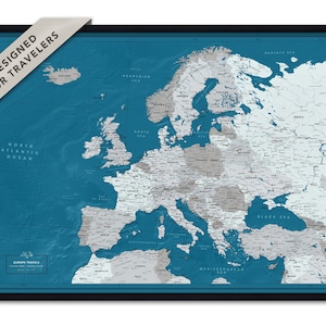Carte de l'Europe à épingles, encadrée, carte de voyage de l'Europe avec épingles, carte de suivi de voyage personnalisée, carte de l'Europe à épingles en bleu