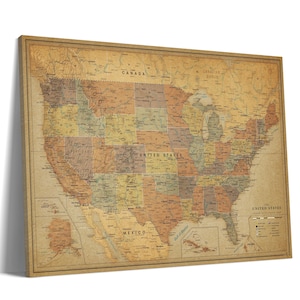 Vintage USA Travel Map, Push Pin Canvas, Personalized Wall Art