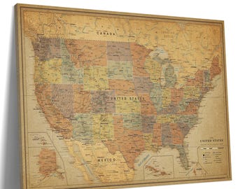 Vintage USA Travel Map, Push Pin Canvas, Personalized Wall Art