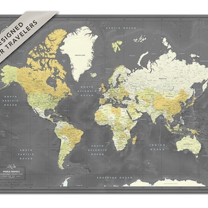 Póster de mapa del mundo para seguir viajes, mapa de viaje personalizado con chinchetas, mapa de aventuras con chinchetas, mapa gris del mundo, mapa para viajes familiares