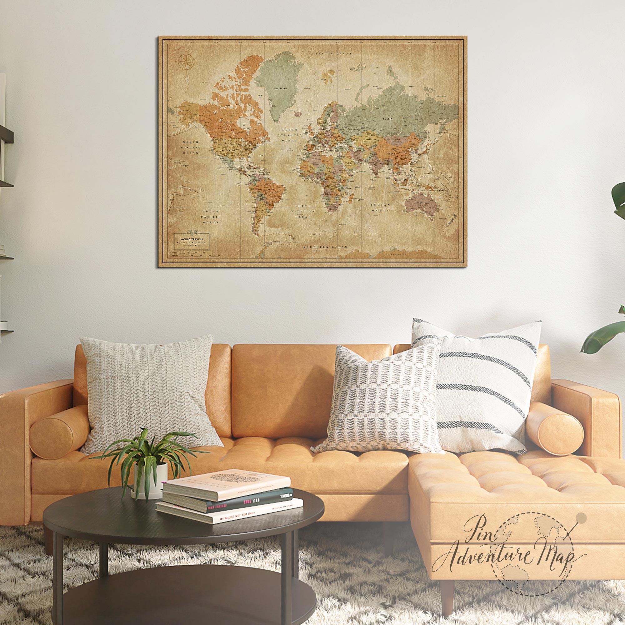 Vintage Style World Map Poster – Personalized Push Pin Travel Art - Etsy