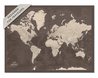 Personalized World Map Poster with Push Pins, Travel Map Pin Board, Couple Travel Map, Personalized Map of The World in Neutral Colors