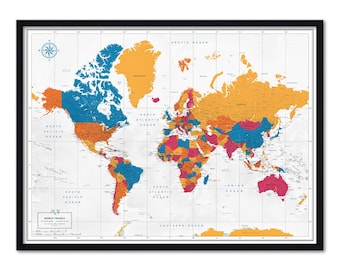 Mapa del mundo enmarcado con chinchetas, planificador de viajes personalizado, tablero de alfileres, 100 alfileres, regalo de jubilación