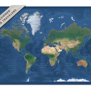 Affiche carte du monde, carte du monde aux couleurs naturelles, impression carte avec punaises, papier peint carte du monde, carte du monde précise pour les voyageurs, cadeau unique