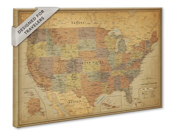 USA Map with Vintage Design, Push Pin Canvas Map, US Map with Push Pins, Vintage Wall Decor, Personalized Gift, Couple Travel Map