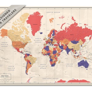 Cartaz de mapa-múndi com alfinetes, impressão de mapa-múndi colorido, presente personalizado para viajante, arte de parede de mapa, mapa de viagem com alfinete, presente para casal