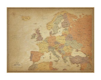 Vintage Europe Push Pin Travel Map — Poster or Mounted Pin Board, Personalized, 100 Pins