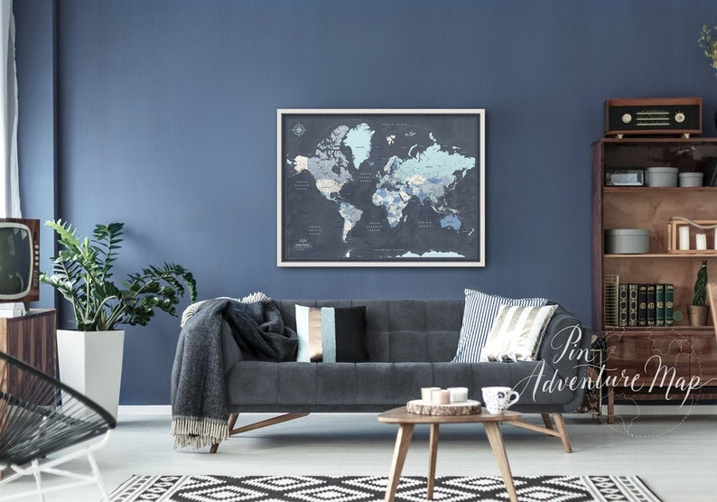 Family Travel Map with Pins, Framed Push Pin World Map, Personalized Travel Map, Family Pin Map, World Map Wall Art in Blue and Gray image 1