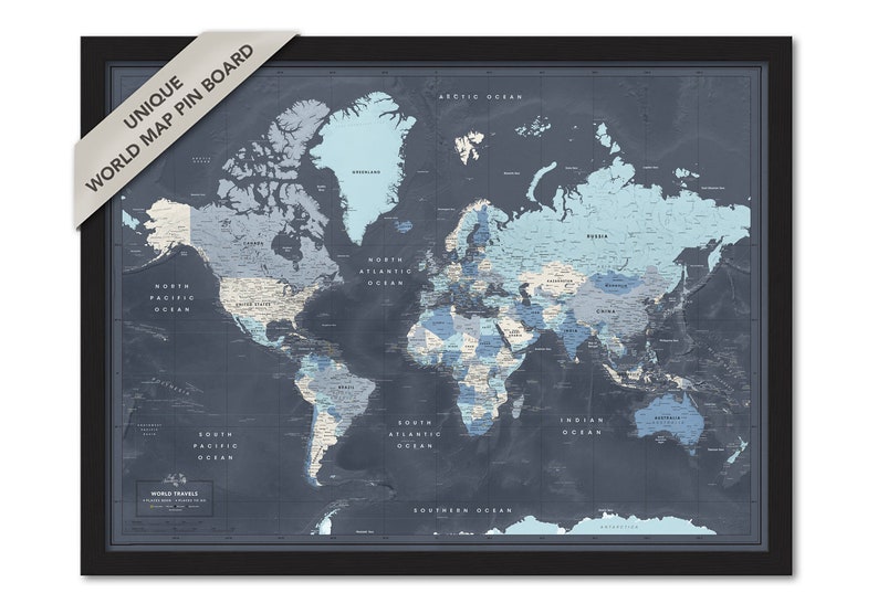 Family Travel Map with Pins, Framed Push Pin World Map, Personalized Travel Map, Family Pin Map, World Map Wall Art in Blue and Gray image 2