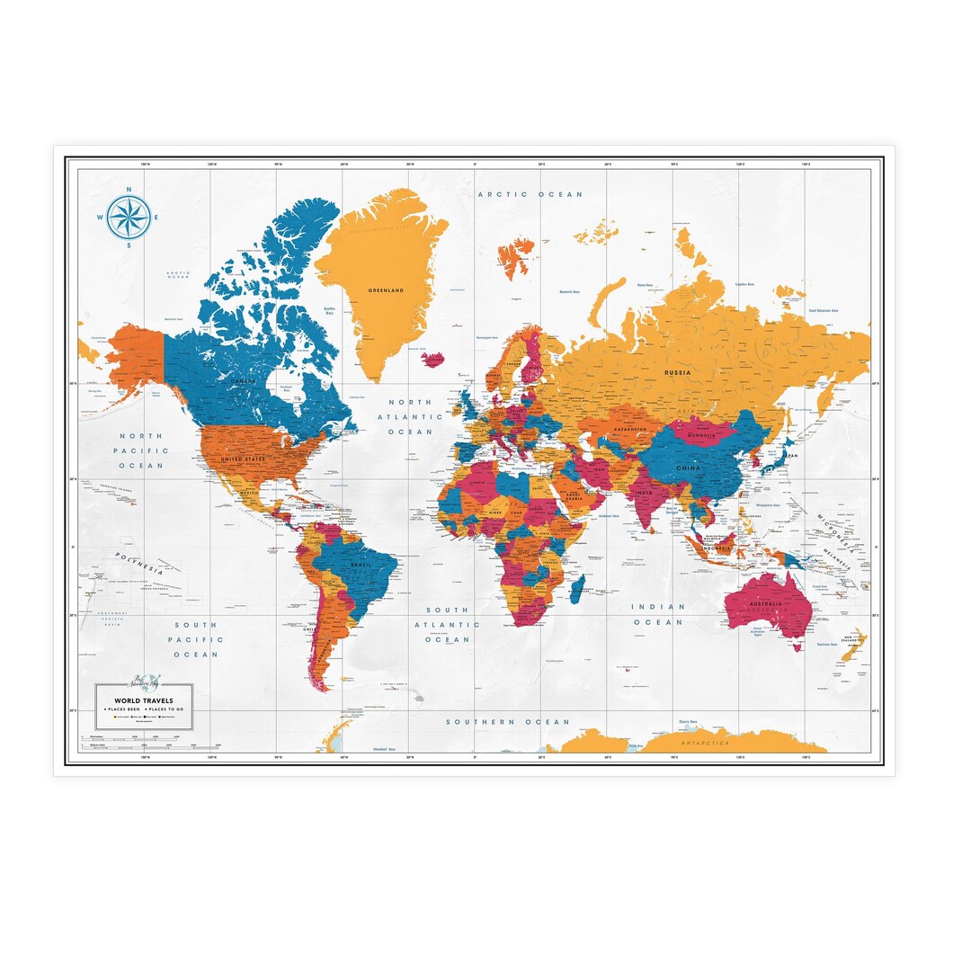 Etsy Color Map Push Pin World Map, Colorful Travel Map Poster, Personalized Gift - Etsy