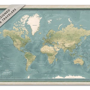Mappa del mondo con cornice personalizzata con puntine da disegno - Mappa di viaggio per l'arredamento della casa - Regalo di viaggio personalizzato - Mappa del mondo con puntine da disegno - Ideale per gli amanti dei viaggi