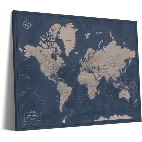World Map Canvas Pinboard, Navy Blue Push Pin Travel Map