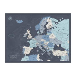 Blaue Blautöne Europa Reisekarte mit Pins – Push Pin Abenteuer Landkarte