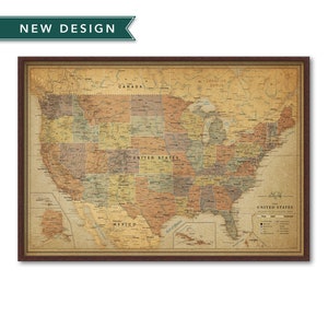 Mapa detalhado dos Estados Unidos com alfinetes - Mapa de viagem com alfinetes emoldurados - Mapa vintage dos EUA