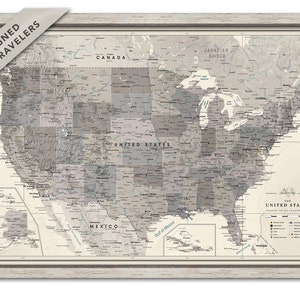 Carte des États-Unis, carte de voyage des États-Unis, carte encadrée avec punaises, carte des États-Unis avec personnalisation, carte des aventures, carte murale des États-Unis, carte de voyage grise