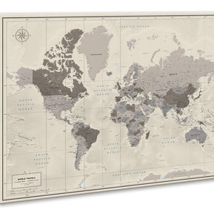 Tableau d'affichage de carte du monde, carte de voyage avec punaises dans des couleurs neutres, toile carte du monde, cadeau d'anniversaire personnalisé, art mural carte personnalisé