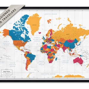 Framed World Map with Push Pins, Personalized World Map with Pins, Colorful Map of The World, Map Wall Art for Kids Room, Travel Gift