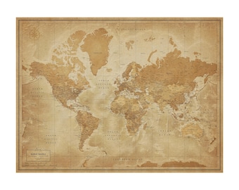 Póster vintage beige con mapa del mundo, mapa de viaje con chinchetas, personalizado, tablero de alfileres, 100 chinchetas, regalo de jubilación
