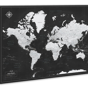 Mapa-múndi com alfinete de pressão, mapa de viagem minimalista em tela, tela de mapa-múndi em preto e branco, mapa de alfinete personalizado, arte de parede de mapa de rastreamento de viagem