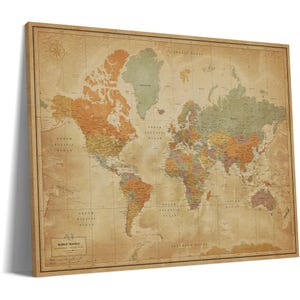 Vintage design world travel map with pins - Push pin travel map on canvas - Customizable push pin world map | Pin Adventure map