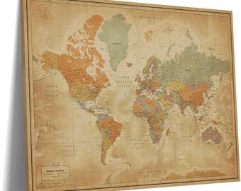 Vintage World Map Pin Board — Push Pin Travel Map on Canvas, Wrapped or Framed, Personalized, 100 Pins