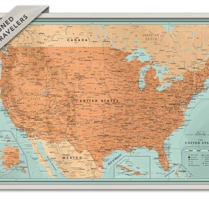 Carte des États-Unis, toile de carte encadrée avec punaises des États-Unis, grande carte murale, carte des États-Unis orange avec personnalisation, carte des États-Unis moderne, cadeau de voyage