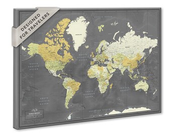 Push Pin Travel Map with Quote - World Map canvas - Modern Design Various size options