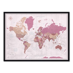 Framed Push Pin World Map – Blush Pink Travel Adventure Tracker, Pin Board, 100 Pins, Gift for Travelers