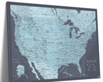 Blue USA Travel Map on Canvas, Push Pin Personalized Wall Art