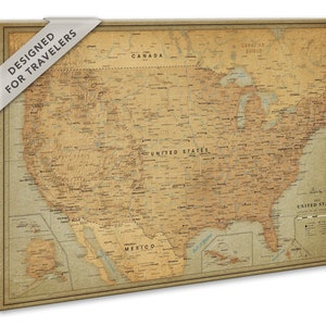 Carte des États-Unis vintage, carte précise des États-Unis sur toile, carte des États-Unis avec punaises, carte murale avec personnalisation, carte de voyage avec punaises