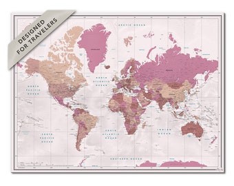 World map push pin poster - blush pink travel map with pins - gift for women | Pin Adventures