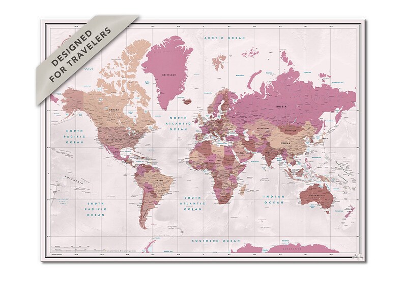 World Map Push Pin Poster Blush Pink Travel Map With Pins Etsy