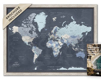 Framed Push Pin World Travel Map with UNESCO Sites, Framed Map of The World, Journey Map, Ready To Hang Wall Map, UNESCO Map