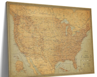 Vintage USA Canvas Map, Push Pin Travel Map (43" x 30")