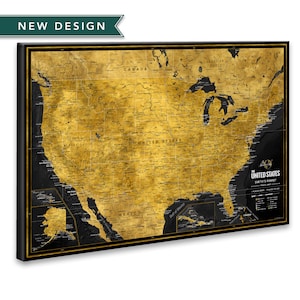 Carte des États-Unis avec punaises de voyage en couleur or, carte des États-Unis avec punaises sur toile, grande carte personnalisée des États-Unis avec punaises mesurant jusqu'à 59 x 40 po.