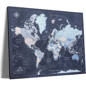 Navy World Map Pin Board – Customizable Travel Tracker Canvas